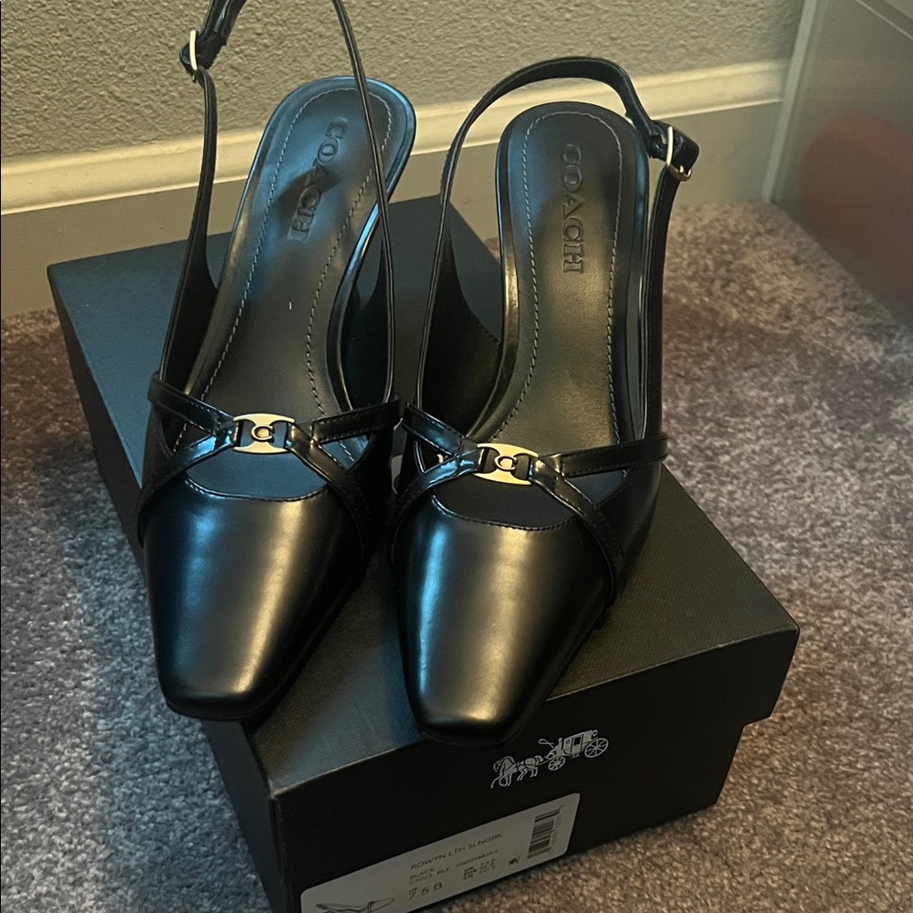 Coach Black Leather Slingback Heels with Metallic Detail